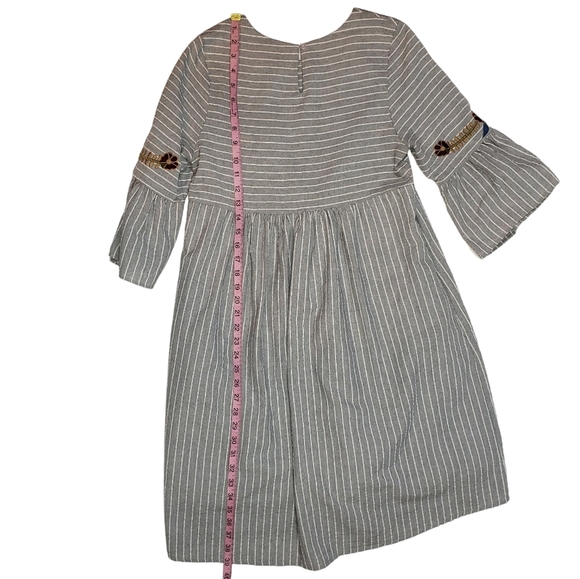 Orange Creek Gray Striped Floral Embroidered Dress Sz Medium Bell Sleeve Cotton - Picture 12 of 14